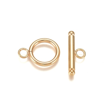 304 Stainless Steel Toggle Clasps, Real 24K Gold Plated, Ring: 18.5x14x2mm, Hole: 3mm, Bar: 22x7x3mm, Hole: 2.5mm