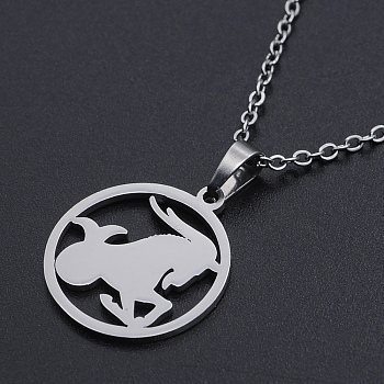 201 Stainless Steel Pendants Necklaces, with Cable Chains and Lobster Claw Clasps, Flat Round with Constellation/Zodiac Sign, Capricorn, 15-3/4 inch(40cm), 1.5mm