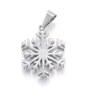 304 Stainless Steel Pendants, Snowflake, Stainless Steel Color, 29.5x25x3mm, Hole: 5x9mm