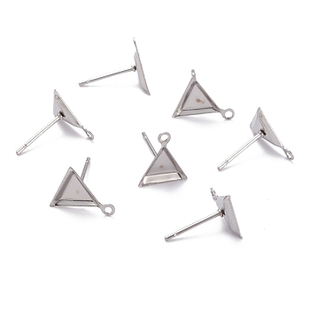 304 Stainless Steel Stud Earring Settings, with Loop, Triangle, Stainless Steel Color, 10x9x1mm, Hole: 1.2mm, Tray: 6x5mm, Pin: 0.8mm