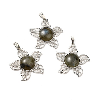 Natural Labradorite Pendants, Flower Charms, with Rack Plating Platinum Tone Brass Findings, Cadmium Free & Lead Free, 38x37x7~7.5mm, Hole: 8x5mm