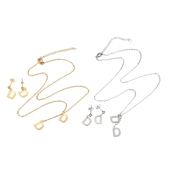 304 Stainless Steel Jewelry Sets, Cable Chains Pendant Necklaces and Stud Earrings, with Lobster Claw Clasps and Ear Nuts, Alphabet, Golden & Stainless Steel Color, Letter.D, 17.71 inch(45cm),  11x9x0.5mm, Pin: 0.8mm