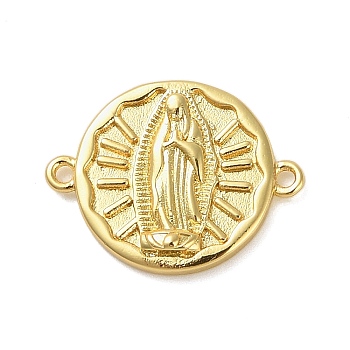 Rack Plating Brass Flat Round Connector Charms, Religion Virgin Mary Links, Long-Lasting Plated, Cadmium Free & Lead Free, Real 18K Gold Plated, 15.5x20x2.5mm, Hole: 1.2mm