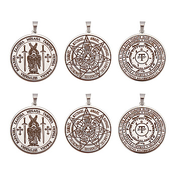 6Pcs 3 Style 304 Stainless Steel Pendants, Flat Round with The Seven Archangels Charm, Stainless Steel Color, 38x35x1.5mm, Hole: 7.5x4mm, 2pcs/style