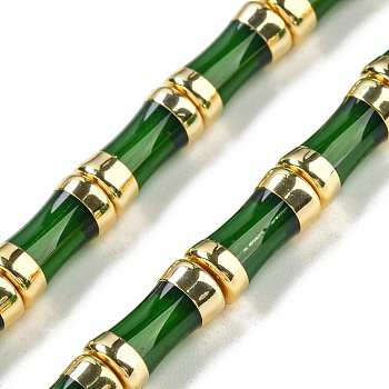 Glass Beads, with Golden Tone Brass Ends, Bamboo Stick, Dark Green, 12.7x6mm, Hole: 1.1mm, about 30pcs/strand, 14.96 inch(38cm)