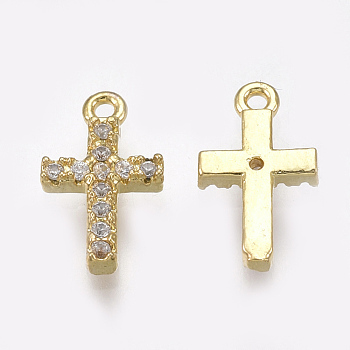 Cubic Zirconia Tiny Cross Charms, with Brass Findings, Clear, Real 18K Gold Plated, 11x6.5x2mm, Hole: 0.8mm