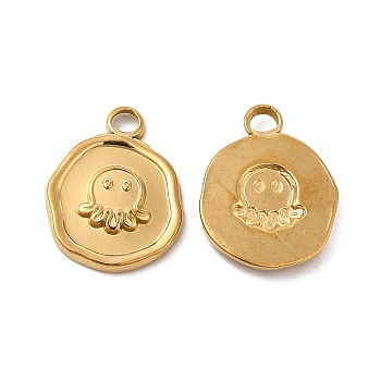 Ion Plating(IP) 304 Stainless Steel Pendants, Flat Round with Octopus Charm, Real 18K Gold Plated, 16x13x2mm, Hole: 2mm