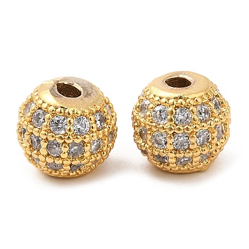 Brass Micro Pave Clear Cubic Zirconia Beads, Round, Real 18K Gold Plated, 6.5x5.5mm, Hole: 1.6mm