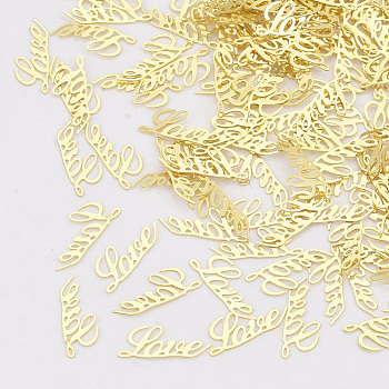 Brass Cabochons, Nail Art Decoration Accessories, Word LOVE, Golden, 3x7x0.1mm, about 10000pcs/bag