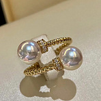 Brass Micro Pave Clear Cubic Zirconia Cuff Rings for Women, with Plastic Pearl Round Beads, Golden, Inner Diameter: Adjustable(FS-WG3C0F1-01)