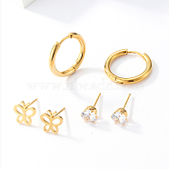 3 Pairs 3 Style Stainless Steel Huggie Hoop Earring & Stud Earring Sets, Jewelry for Women, Real 18K Gold Plated, Butterfly, 7~20mm, 1 pair/style(HD4662-2)