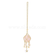 Natural Rose Quartz with Rack Plating Brass Pendants Decorations, Plastic Imitation Pearl and Glass Beads, Cadmium Free & Lead Free, Round, 7-5/8 inch(19.5cm)(AJEW-B023-01G-06)