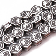 Feng Shui Electroplate Non-magnetic Synthetic Hematite Beads Strands, Hexagon with YinYang, Platinum Plated, 9x8x5mm, Hole: 2mm, about 50pcs/strand, 15.7 inch(G-Q986-001C)