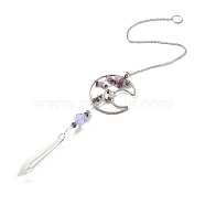 Amethyst Pendant Decoration, Hanging Suncatcher, with Stainless Steel Rings and Moon Alloy Frame, Bullet, Purple, 407x2mm, Hole: 10mm(AJEW-P098-05P)
