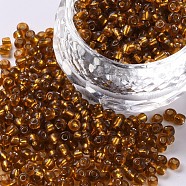 8/0 Glass Seed Beads, Silver Lined Round Hole, Round, Dark Goldenrod, 8/0, 3mm, Hole: 1mm, about 1111pcs/50g, 50g/bag, 18bags/2pounds(SEED-US0003-3mm-22C)