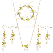 Plastic Pearl Beaded Flower of Life Dangle Earrings & Link Chain Bracelet & Pendant Necklace, Alloy Jewelry for Women, Yellow Green, 48~70mm, Pin: 0.6mm, 6-3/8 inch(16.3cm), 15 inch(38.2cm)(SJEW-AN0001-19)