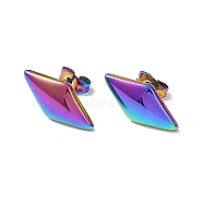 Ion Plating(IP) 304 Stainless Steel Stud Earring for Women, Rhombus, Rainbow Color, 17.5x9mm, Pin: 0.8mm(EJEW-I285-22MC)