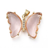 Brass Micro Pave Clear Cubic Zirconia Pendants, with Glass, Butterfly, Golden, Misty Rose, 20x26.5x5mm(ZIRC-P079-A01-05)