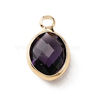Faceted Glass Pendants, February Birthstone Charms, with Brass Cabochon Settings, Oval, Golden, Dark Slate Blue, 13x8x4mm, Hole: 1.6mm(KK-WH0046-59G-02)