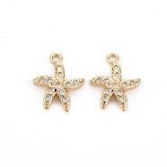 Brass Micro Pave Clear Cubic Zirconia Charms, Nickel Free, Starfish, Real 18K Gold Plated, 13x10.5x2mm, Hole: 1.2mm(KK-S356-473-NF)