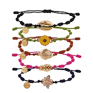 Natural Shell & Flower & Pinapple & Shell & Bee Link Bracelets Set, Braided Knot Lucky Bracelets with Tiny Love Charm for Women, Mixed Color, Inner Diameter: 1-3/4~3-5/8 inch(4.3~9.1cm), 5pcs/set(BJEW-SW00029)