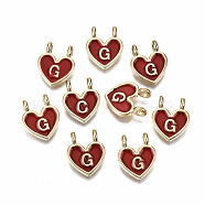 Alloy Enamel Charms, Cadmium Free & Lead Free, Heart with Initial Letters, Light Gold, FireBrick, Letter.G, 14.5x11.5x4.5mm, Hole: 2mm(ENAM-T012-02G-RS)