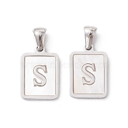 304 Stainless Steel Pave Shell Pendants, Rectangle Charm, Stainless Steel Color, Letter S, 17.5x12x1.5mm, Hole: 3x5mm(STAS-G327-01P-S)