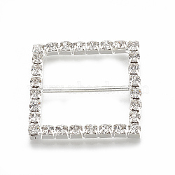 Brass Buckles, with Rhinestone , Square, Silver Color Plated, Crystal, 32x32x3.5mm, Hole: 25x12mm(RB-S048-39)