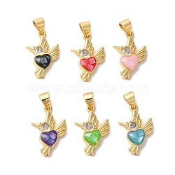 Rack Plating Brass Cubic Zirconia Pendants, with Enamel & Shell, Long-Lasting Plated, Lead Free & Cadmium Free, Real 18K Gold Plated, Bird with Heart, Mixed Color, 18x12x3mm, Hole: 5x4mm(KK-K385-65G)