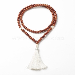 Natural Wood & Pearl Beads Mala Prayer Necklace, Big Tassel Pendant Necklace for Meditation Buddhist, White, Saddle Brown, 34.65 inch(88cm) (NJEW-JN03756)