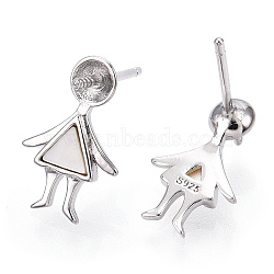 Rhodium Plated 925 Sterling Silver Stud Earring Findings, with Natural Freshwater Shell and Peg Bails, for Half Drilled Beads, Little Girl, Nickel Free, with S925 Stamp, Real Platinum Plated, 13x8mm, Pin: 0.8mm(for Half Drilled Beads), Pin: 0.8mm(STER-T004-39P)