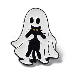Ghost with Black Cat Alloy Enamel Brooch, Halloween Pins, White, 30.5x26x1.5mm(JEWB-E034-02EB-03)