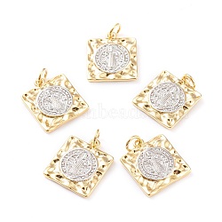 Brass Pendants, with Jump Rings, Long-Lasting Plated, Square with Saint Benedict Medal, Real 18K Gold Plated & Platinum, 17.4x15x2mm, Hole: 3.5mm(ZIRC-I043-28G)