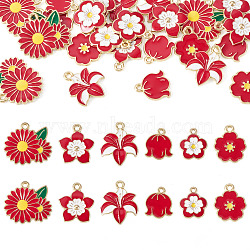 30Pcs 6 Styles Alloy and Enamel Pendants, Flower Charms, Light Gold, Red, 14.5~20x13~22x1~2mm, Hole: 1.5~1.8mm, 5pcs/style(ENAM-TADJ0001-04C)