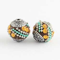 Handmade Indonesia Beads, with Light Topaz Rhinestones and Alloy Cores, Round, Antique Silver, Coconut Brown, 14~16x14~16mm, Hole: 1.5mm(IPDL-R437-08)