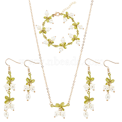 Plastic Pearl Beaded Flower of Life Dangle Earrings & Link Chain Bracelet & Pendant Necklace, Alloy Jewelry for Women, Yellow Green, 48~70mm, Pin: 0.6mm, 6-3/8 inch(16.3cm), 15 inch(38.2cm)(SJEW-AN0001-19)