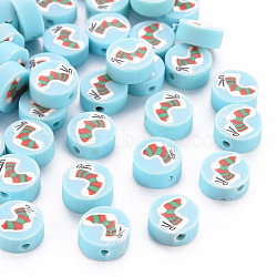 Handmade Polymer Clay Beads, Flat Round with Christmas Stocking, Light Sky Blue, 10x4mm, Hole: 1.6mm(CLAY-N011-002)