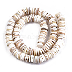 Natural Freshwater Shell Beads Strands, Disc/Flat Round, Heishi Beads, Shell Shards, Wheat, 9~10x1~2.5mm, Hole: 0.7mm, about 196pcs/Strand, 15.04 inch(38.2cm)(SHEL-N003B-02)