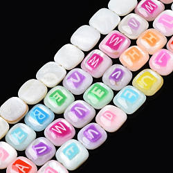 Natural Freshwater Shell Enamel Beads, Square with Alphabet, Mixed Color, 9.5~10.5x9.5~10.5x3~4mm, Hole: 0.7mm, about 37pcs/strand, 14.25 inch~14.45 inch(36.2~36.7cm)(SHEL-N026-190)