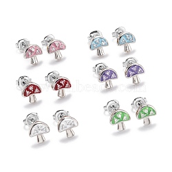 Brass Micro Pave Clear Cubic Zirconia Stud Earrings, with Enamel and Ear Nuts, Mushroom, Platinum, Mixed Color, 9x8.5x3mm, Pin: 1mm(EJEW-F264-14P)