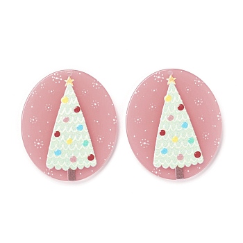 Christmas Theme 3D Printed Resin Pendants, DIY Earring Accessories, Oval with Christmas Tree Pattern, Pink, Christmas Tree Pattern, 39x33x2.5mm, Hole: 1.6mm