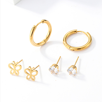 3 Pairs 3 Style Stainless Steel Huggie Hoop Earring & Stud Earring Sets, Jewelry for Women, Real 18K Gold Plated, Butterfly, 7~20mm, 1 pair/style