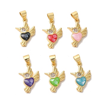 Rack Plating Brass Cubic Zirconia Pendants, with Enamel & Shell, Long-Lasting Plated, Lead Free & Cadmium Free, Real 18K Gold Plated, Bird with Heart, Mixed Color, 18x12x3mm, Hole: 5x4mm