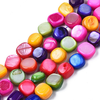 Natural Trochid Shell/Trochus Shell Beads Strands, Dyed, Flat Round, Colorful, 5~9x1~6mm, Hole: 0.8mm, about 49~50pcs/strand, 15.16 inch~15.87 inch(38.5cm~40.3cm)