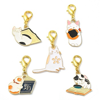 Cat Shapes Alloy Enamel Pendants Decorations, with Zinc Alloy Lobster Claw Clasps, Mixed Color, 37~46mm