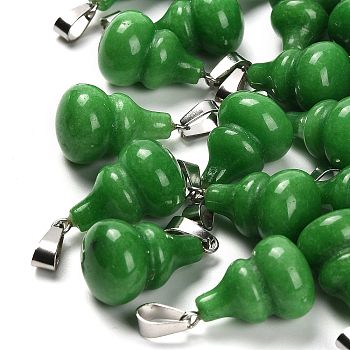 Dyed Natural White Jade Pendants, with 201 Stainless Steel Finding, Gourd, Green, 22~23x13mm, Hole: 4x7mm