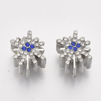 Alloy European Beads, with Crystal & Sapphire Rhinestones, Large Hole Beads, Flower, Platinum, 13.5x10x8.5mm, Hole: 5mm