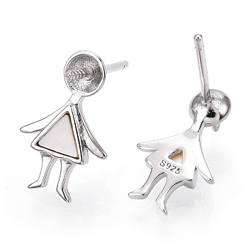 Rhodium Plated 925 Sterling Silver Stud Earring Findings, with Natural Freshwater Shell and Peg Bails, for Half Drilled Beads, Little Girl, Nickel Free, with S925 Stamp, Real Platinum Plated, 13x8mm, Pin: 0.8mm(for Half Drilled Beads), Pin: 0.8mm