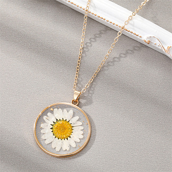 Boho Style Multi-color Dried Flower with Epoxy Resin Pendant Necklaces, Sweater Cable Chain Necklaces for Women, White