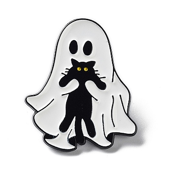 Ghost with Black Cat Alloy Enamel Brooch, Halloween Pins, White, 30.5x26x1.5mm